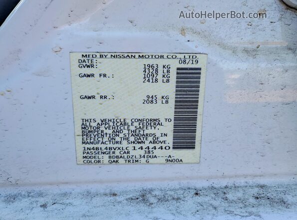 1N4BL4BVXLC144440 2020 NISSAN ALTIMA White ძრავის განყოფილების ხედი
