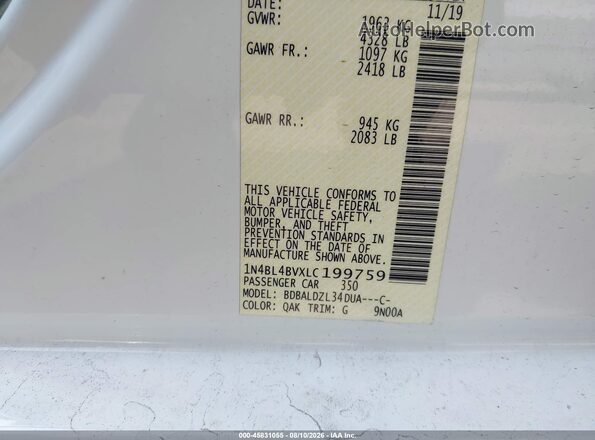 1N4BL4BVXLC199759 2020 NISSAN ALTIMA White Вид підкапотного простору