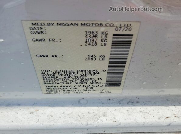 1N4BL4BVXLC262522 2020 NISSAN ALTIMA Белый Вид наклейки с VIN-кодом