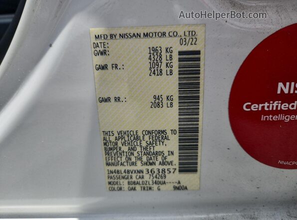1N4BL4BVXNN363857 2022 NISSAN ALTIMA White ძრავის განყოფილების ხედი