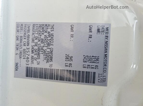 1N4BL4BVXRN357403 2024 NISSAN ALTIMA White Widok naklejki z numerem VIN