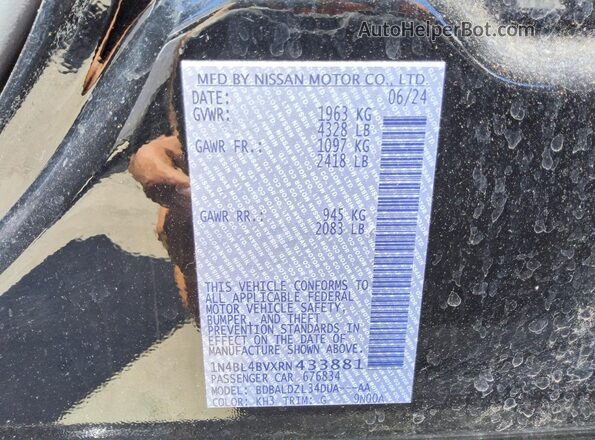 1N4BL4BVXRN433881 2024 NISSAN ALTIMA Black Vista de la etiqueta del VIN
