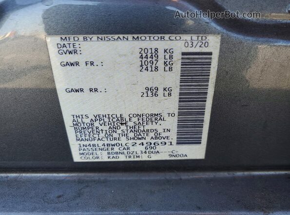 1N4BL4BW0LC249691 2020 NISSAN ALTIMA Серый Вид подкапотного пространства