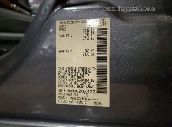 1N4BL4BW4KC202422 2019 NISSAN ALTIMA Gray Vista del compartimento del motor