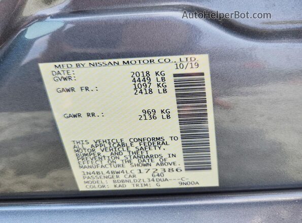 1N4BL4BW4LC172386 2020 NISSAN ALTIMA Серый Вид подкапотного пространства