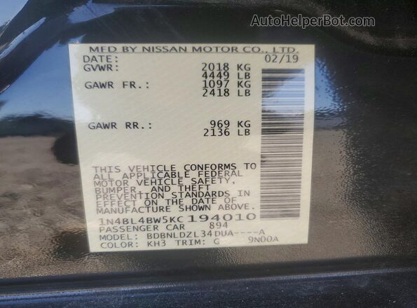 1N4BL4BW5KC194010 2019 NISSAN ALTIMA Black Вид наклейки з VIN-кодом
