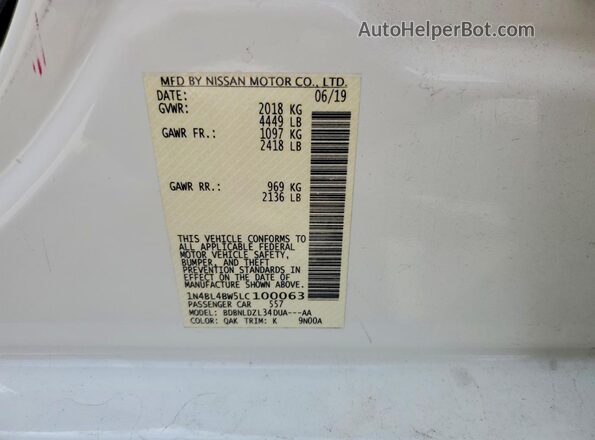 1N4BL4BW5LC100063 2020 NISSAN ALTIMA White ძრავის განყოფილების ხედი