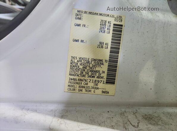 1N4BL4BW7KC218971 2019 NISSAN ALTIMA White Vista de la etiqueta del VIN