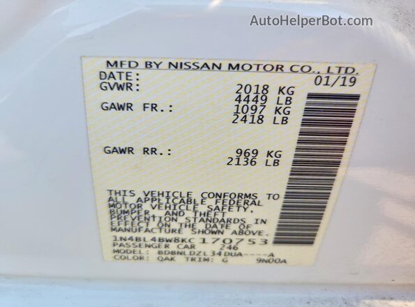 1N4BL4BW8KC170753 2019 NISSAN ALTIMA White VIN կոդի պիտակի տեսք