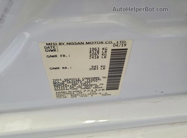 1N4BL4CV0KC221328 2019 NISSAN ALTIMA Белый Вид наклейки с VIN-кодом