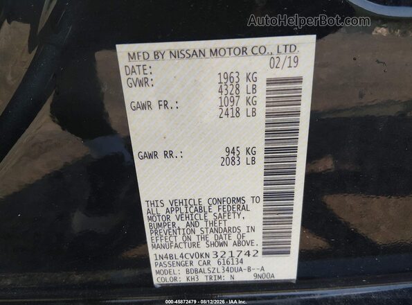 1N4BL4CV0KN321742 2019 NISSAN ALTIMA Black ძრავის განყოფილების ხედი