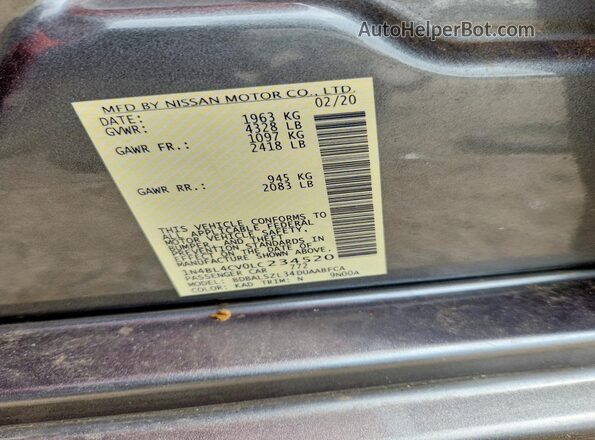 1N4BL4CV0LC234520 2020 NISSAN ALTIMA Gray სალონის 360-გრადუსიანი ხედი