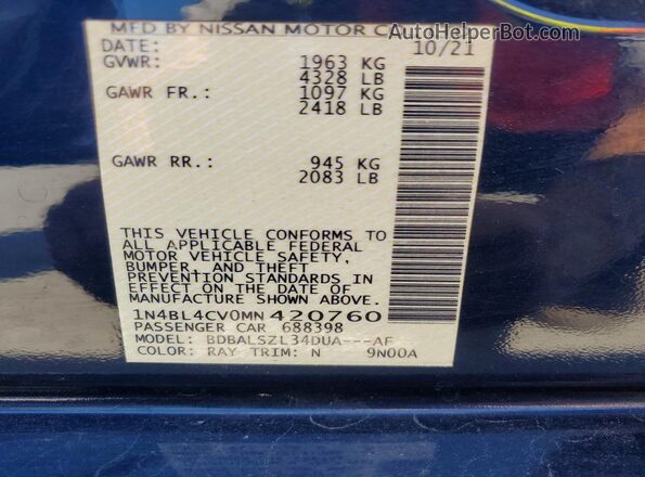 1N4BL4CV0MN420760 2021 NISSAN ALTIMA Blue Vista de la etiqueta del VIN