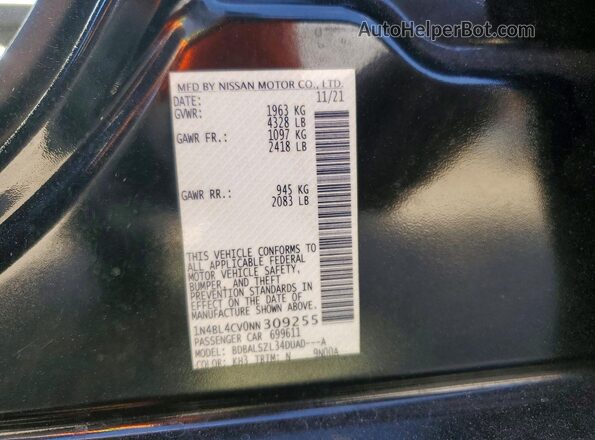 1N4BL4CV0NN309255 2022 NISSAN ALTIMA Black ძრავის განყოფილების ხედი