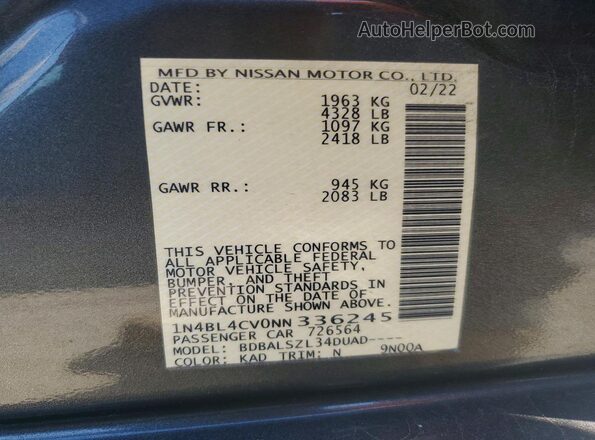 1N4BL4CV0NN336245 2022 NISSAN ALTIMA Gray Widok komory silnika