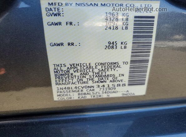 1N4BL4CV0NN341588 2022 NISSAN ALTIMA Gray Widok naklejki z numerem VIN