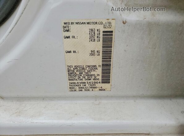 1N4BL4CV0NN345964 2022 NISSAN ALTIMA White Vista del compartimento del motor