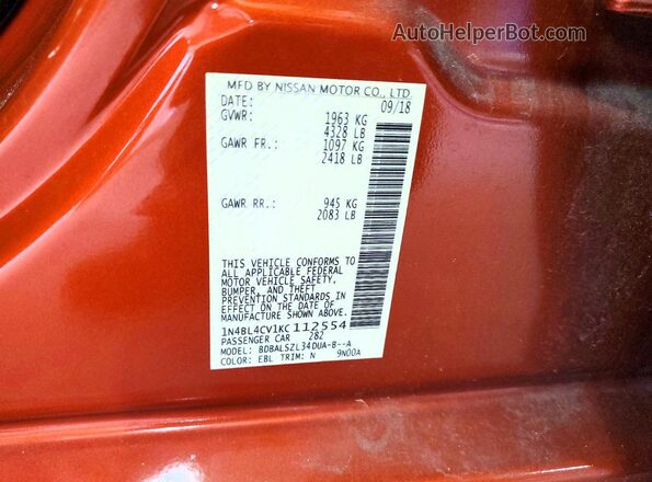 1N4BL4CV1KC112554 2019 NISSAN ALTIMA Оранжевый Вид подкапотного пространства