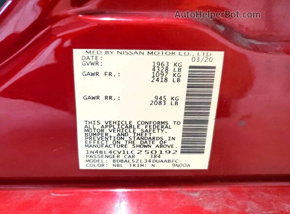 1N4BL4CV1LC250192 2020 NISSAN ALTIMA Красный Вид наклейки с VIN-кодом