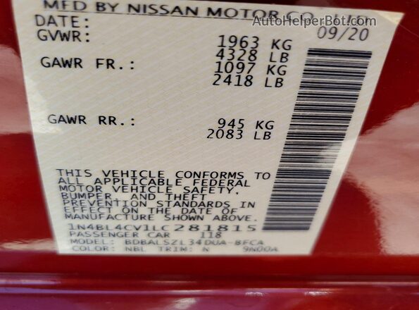 1N4BL4CV1LC281815 2020 NISSAN ALTIMA Red Widok komory silnika