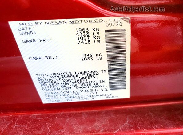 1N4BL4CV1LC283631 2020 NISSAN ALTIMA Красный Вид наклейки с VIN-кодом