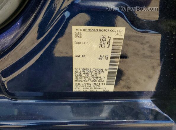 1N4BL4CV1MN382133 2021 NISSAN ALTIMA Blue Engine compartment view
