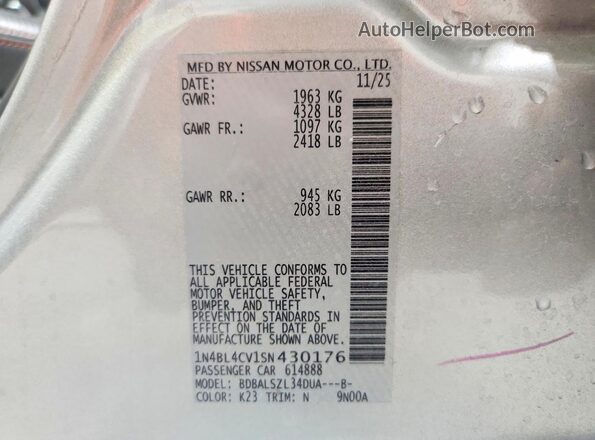 1N4BL4CV1SN430176 2025 NISSAN ALTIMA Серебряный Вид наклейки с VIN-кодом