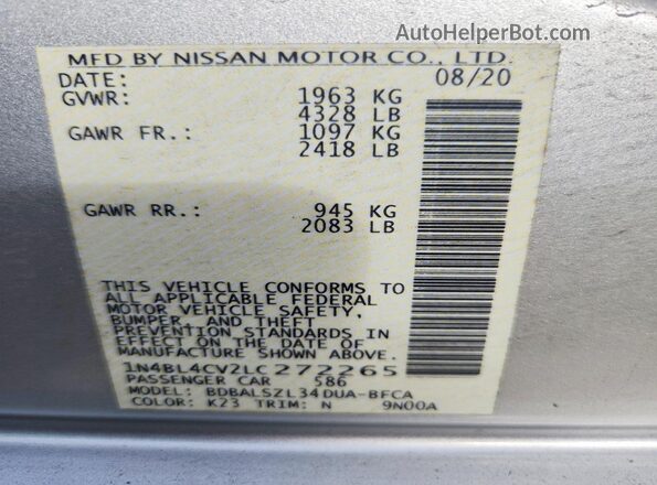 1N4BL4CV2LC272265 2020 NISSAN ALTIMA Silver VIN კოდის სტიკერის ხედი