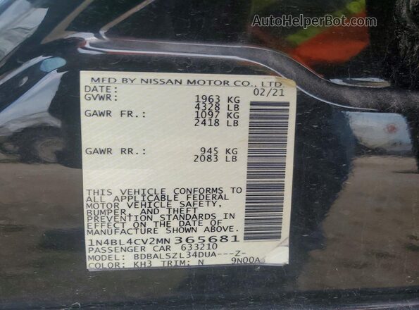 1N4BL4CV2MN365681 2021 NISSAN ALTIMA Black Вид підкапотного простору