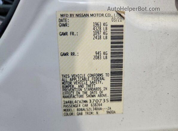 1N4BL4CV2MN370735 2021 NISSAN ALTIMA White Engine compartment view