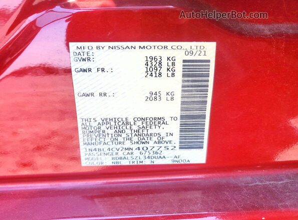 1N4BL4CV2MN407752 2021 NISSAN ALTIMA Red Vista del compartimento del motor