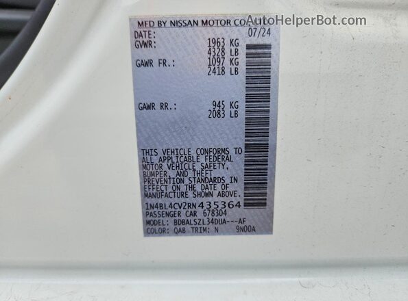 1N4BL4CV2RN435364 2024 NISSAN ALTIMA White VIN կոդի պիտակի տեսք