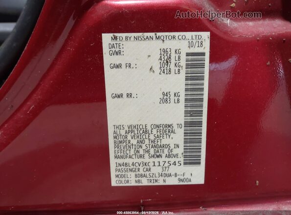 1N4BL4CV3KC117545 2019 NISSAN ALTIMA Burgundy Вид підкапотного простору
