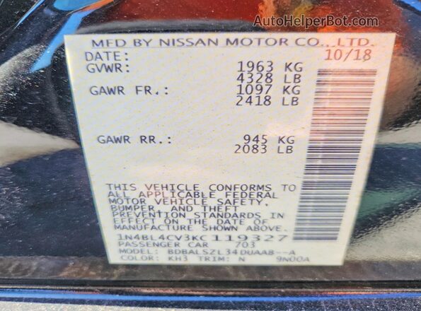 1N4BL4CV3KC119327 2019 NISSAN ALTIMA Black Շարժիչի բաժամունքի տեսք