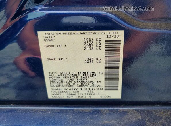 1N4BL4CV3KC131638 2019 NISSAN ALTIMA Blue Vista de la etiqueta del VIN