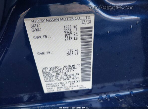 1N4BL4CV3KC170407 2019 NISSAN ALTIMA Blue Widok komory silnika