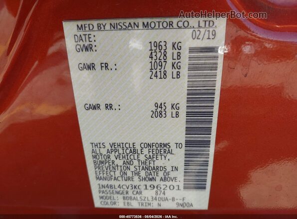 1N4BL4CV3KC196201 2019 NISSAN ALTIMA Orange Вид підкапотного простору