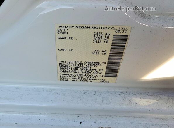 1N4BL4CV3MN400079 2021 NISSAN ALTIMA White VIN კოდის სტიკერის ხედი