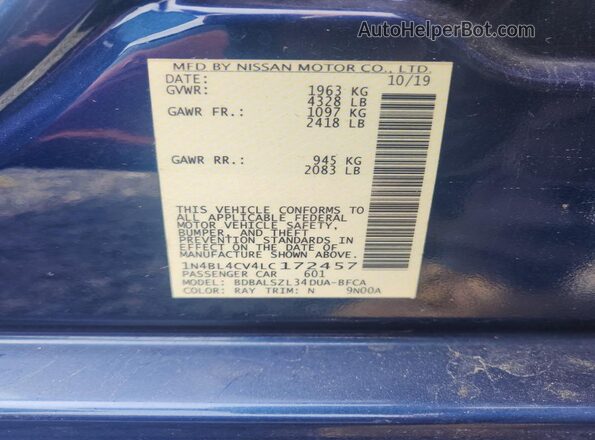 1N4BL4CV4LC172457 2020 NISSAN ALTIMA Blue Vista del compartimento del motor