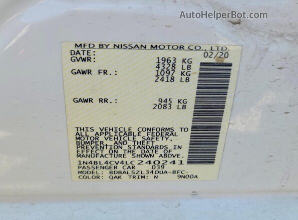 1N4BL4CV4LC240241 2020 NISSAN ALTIMA White VIN კოდის სტიკერის ხედი