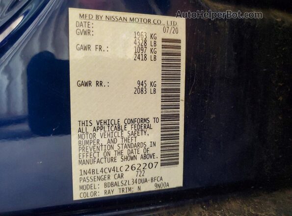 1N4BL4CV4LC262207 2020 NISSAN ALTIMA Blue Vista de la etiqueta del VIN