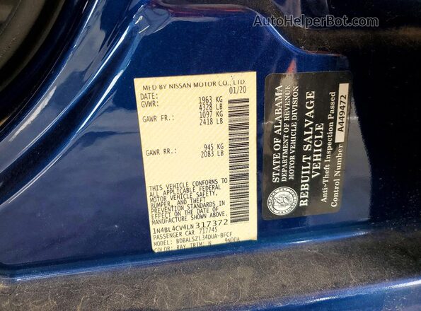 1N4BL4CV4LN317372 2020 NISSAN ALTIMA Blue Widok komory silnika