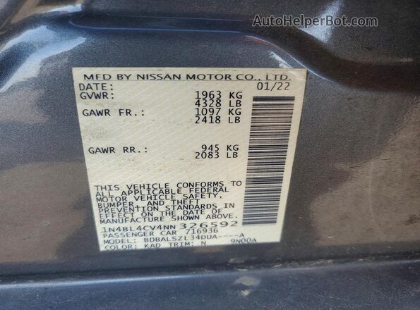 1N4BL4CV4NN326592 2022 NISSAN ALTIMA Gray Engine compartment view