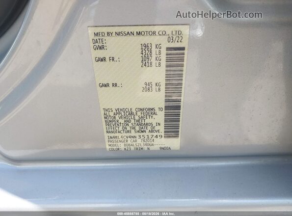 1N4BL4CV4NN351749 2022 NISSAN ALTIMA White Շարժիչի բաժամունքի տեսք