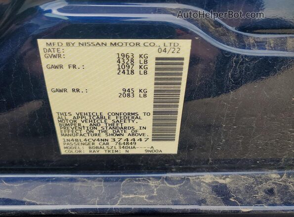 1N4BL4CV4NN374447 2022 NISSAN ALTIMA Blue Widok komory silnika