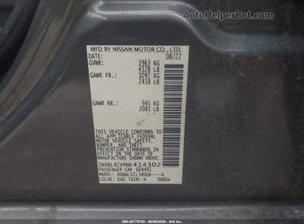 1N4BL4CV4NN414302 2022 NISSAN ALTIMA Gray ძრავის განყოფილების ხედი