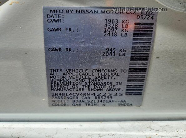 1N4BL4CV4RN422535 2024 NISSAN ALTIMA White Vista de la etiqueta del VIN