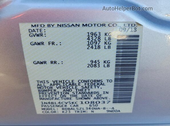 1N4BL4CV5KC108037 2019 NISSAN ALTIMA Silver Widok komory silnika