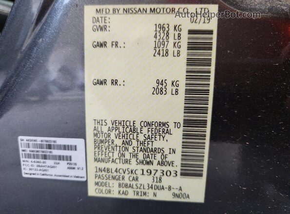 1N4BL4CV5KC197303 2019 NISSAN ALTIMA Gray Vista del compartimento del motor