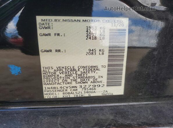 1N4BL4CV5MN327992 2021 NISSAN ALTIMA Black Vista de la etiqueta del VIN